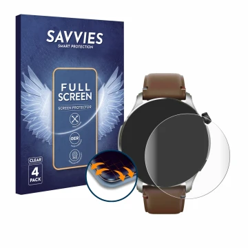 Front side of a product packaging with the brand logo Savvies. Next to it is the device Huami Amazfit GTR 4 shown with the cor