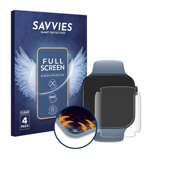 Front side of a product packaging with the brand logo Savvies. Next to it is the device Apple Watch Series 8 (45 mm) shown wit