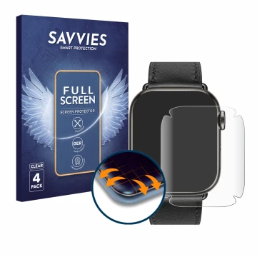 Front side of a product packaging with the brand logo Savvies. Next to it is the device Apple Watch Hermès (41 mm) shown with 