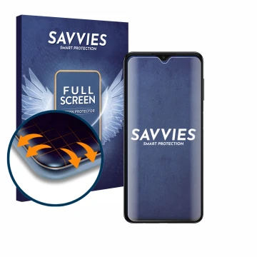Front side of a product packaging with the brand logo Savvies. Next to it is the device Samsung Galaxy A04s shown with the cor