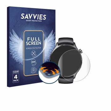 Front side of a product packaging with the brand logo Savvies. Next to it is the device Xiaomi Watch S1 Pro shown with the cor