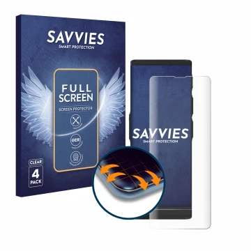 Front side of a product packaging with the brand logo Savvies. Next to it is the device Vasco Translator V4 shown with the cor