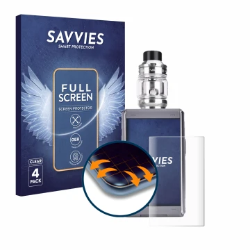 Front side of a product packaging with the brand logo Savvies. Next to it is the device GeekVape T200 shown with the correspon