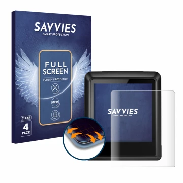Front side of a product packaging with the brand logo Savvies. Next to it is the device Bosch Intuvia 100 shown with the corre