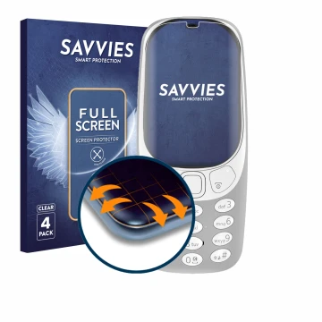 Front side of a product packaging with the brand logo Savvies. Next to it is the device Nokia 3310 (2017) shown with the corre