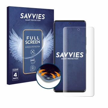 Front side of a product packaging with the brand logo Savvies. Next to it is the device Motorola Edge 30 Fusion shown with the