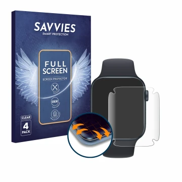 Front side of a product packaging with the brand logo Savvies. Next to it is the device Apple Watch SE 2022 (44 mm) shown with