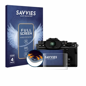 Front side of a product packaging with the brand logo Savvies. Next to it is the device Fujifilm X-T5 shown with the correspon