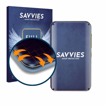 Front side of a product packaging with the brand logo Savvies. Next to it is the device Timmkoo Q3E shown with the correspondi