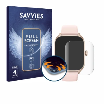 Front side of a product packaging with the brand logo Savvies. Next to it is the device Huami Amazfit GTS 4 shown with the cor