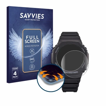 Front side of a product packaging with the brand logo Savvies. Next to it is the device Casio G-Shock GA-B2100 shown with the 