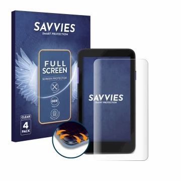 Front side of a product packaging with the brand logo Savvies. Next to it is the device Zettle Terminal (by Paypal) shown with