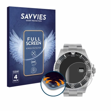 Front side of a product packaging with the brand logo Savvies. Next to it is the device Rolex Sea-Dweller 43mm (Date) shown wi