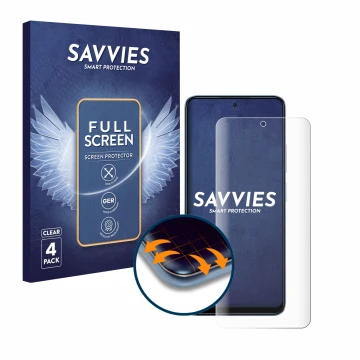 Front side of a product packaging with the brand logo Savvies. Next to it is the device Xiaomi Redmi Note 12 shown with the co