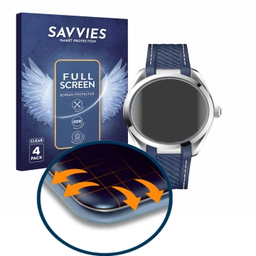Front side of a product packaging with the brand logo Savvies. Next to it is the device Omega Seamaster AQUA TERRA 150 M (41mm