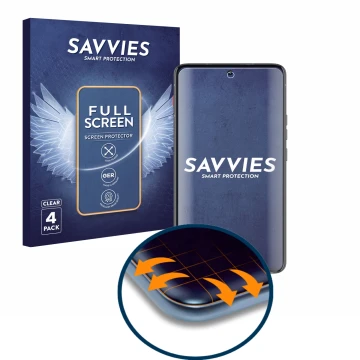 Front side of a product packaging with the brand logo Savvies. Next to it is the device Motorola ThinkPhone shown with the cor