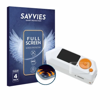 Front side of a product packaging with the brand logo Savvies. Next to it is the device Flipper Zero FZ.1 shown with the corre