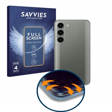Front side of a product packaging with the brand logo Savvies. Next to it is the device Samsung Galaxy S23 Plus (Back) shown w