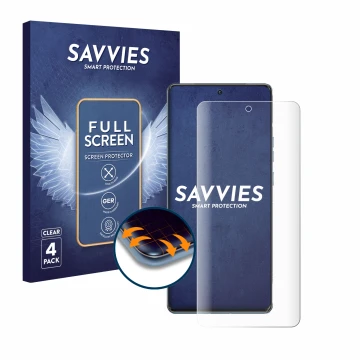 Front side of a product packaging with the brand logo Savvies. Next to it is the device Motorola Edge 40 Pro shown with the co