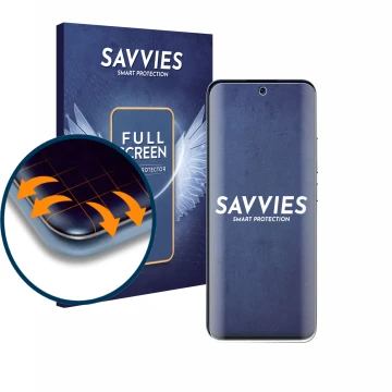 Front side of a product packaging with the brand logo Savvies. Next to it is the device Xiaomi 13 shown with the corresponding