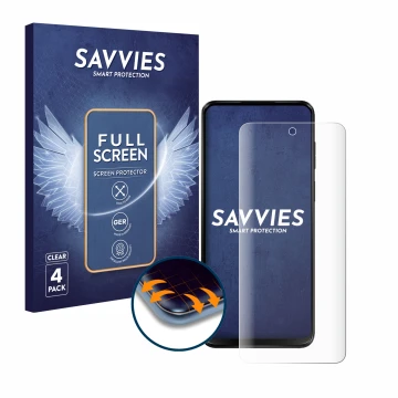 Front side of a product packaging with the brand logo Savvies. Next to it is the device Motorola Moto G13 shown with the corre