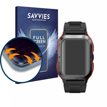 Front side of a product packaging with the brand logo Savvies. Next to it is the device Kospet Tank M2 shown with the correspo