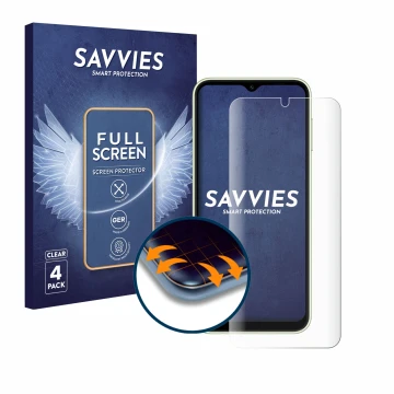 Front side of a product packaging with the brand logo Savvies. Next to it is the device Samsung Galaxy A14 4G shown with the c