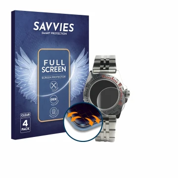 Front side of a product packaging with the brand logo Savvies. Next to it is the device Vostok Amphibian Klassik 110647 shown 