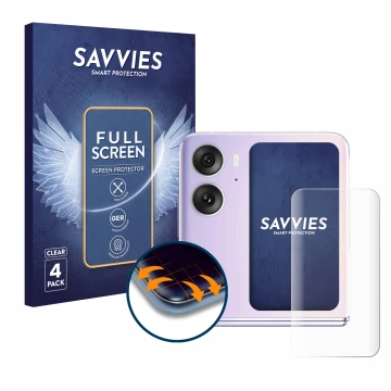 Front side of a product packaging with the brand logo Savvies. Next to it is the device Oppo Find N2 Flip (Back display) shown
