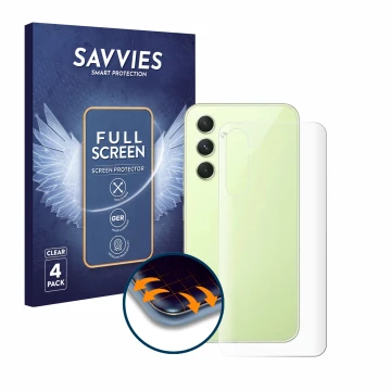 Front side of a product packaging with the brand logo Savvies. Next to it is the device Samsung Galaxy A54 5G (Back) shown wit