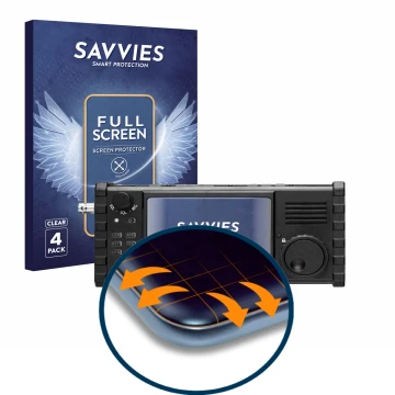 Front side of a product packaging with the brand logo Savvies. Next to it is the device Xiegu X6100 HF-Transceiver shown with 