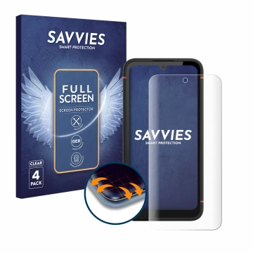 Front side of a product packaging with the brand logo Savvies. Next to it is the device Gigaset GX4 shown with the correspondi