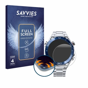 Front side of a product packaging with the brand logo Savvies. Next to it is the device Huawei Watch Ultimate (48.5 mm) shown 