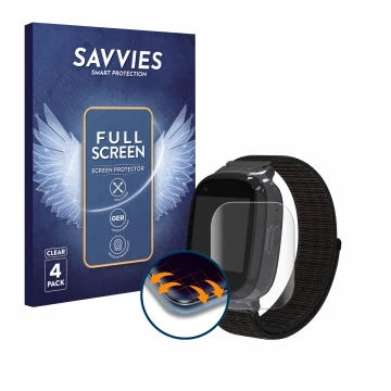 Front side of a product packaging with the brand logo Savvies. Next to it is the device Pthtechus 4G GPS T30 shown with the co