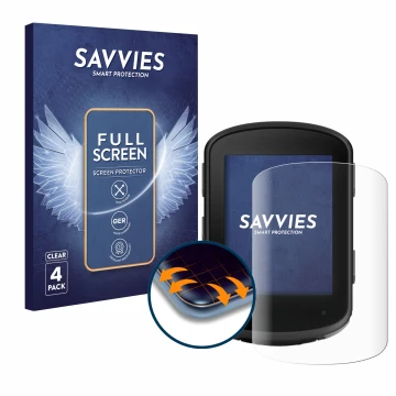 Front side of a product packaging with the brand logo Savvies. Next to it is the device Garmin Edge 540 shown with the corresp