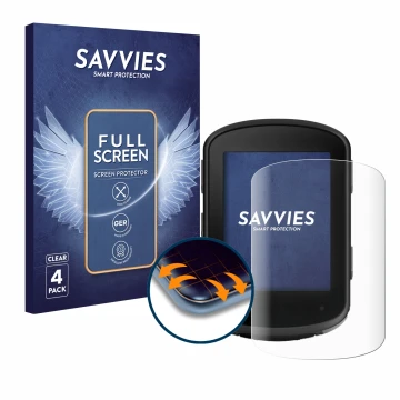 Front side of a product packaging with the brand logo Savvies. Next to it is the device Garmin Edge 840 shown with the corresp