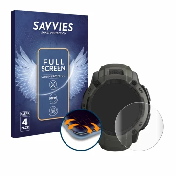 Front side of a product packaging with the brand logo Savvies. Next to it is the device Garmin Instinct 2X Solar shown with th