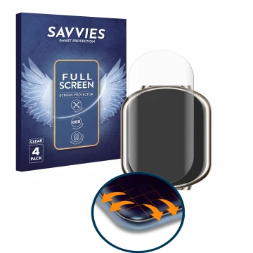 Front side of a product packaging with the brand logo Savvies. Next to it is the device Xiaomi Mi Band 8 shown with the corres