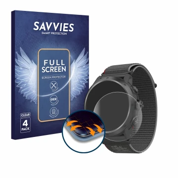 Front side of a product packaging with the brand logo Savvies. Next to it is the device Coros Apex 2 Pro shown with the corres