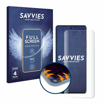 Front side of a product packaging with the brand logo Savvies. Next to it is the device Motorola Edge 40 shown with the corres