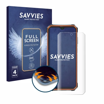 Front side of a product packaging with the brand logo Savvies. Next to it is the device Blackview BV9200 shown with the corres