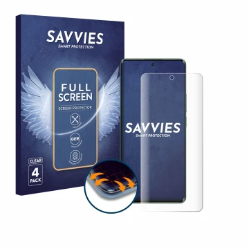 Front side of a product packaging with the brand logo Savvies. Next to it is the device realme 11 Pro Plus shown with the corr