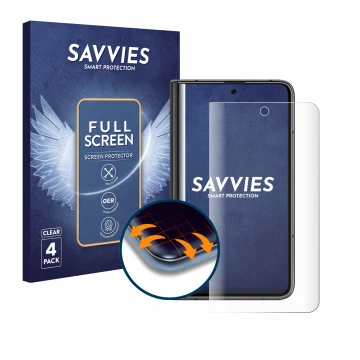 Front side of a product packaging with the brand logo Savvies. Next to it is the device Google Pixel Fold (Outer display) show