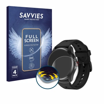 Front side of a product packaging with the brand logo Savvies. Next to it is the device Mobvoi TicWatch Pro 5 shown with the c
