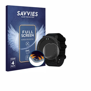 Front side of a product packaging with the brand logo Savvies. Next to it is the device Suunto Core Alpha shown with the corre