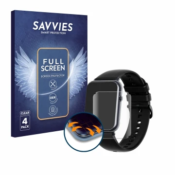 Front side of a product packaging with the brand logo Savvies. Next to it is the device Mutoy Smartwatch 1.69