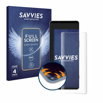 Front side of a product packaging with the brand logo Savvies. Next to it is the device Sony Xperia 1 V shown with the corresp