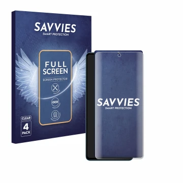 Front side of a product packaging with the brand logo Savvies. Next to it is the device Xiaomi Poco F5 shown with the correspo