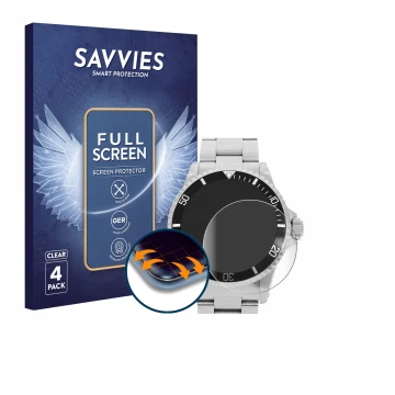 Front side of a product packaging with the brand logo Savvies. Next to it is the device Rolex Submariner (no date) shown with 