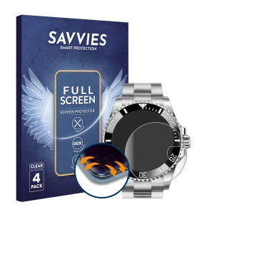 Front side of a product packaging with the brand logo Savvies. Next to it is the device Rolex Submariner 16610 (Date) shown wi